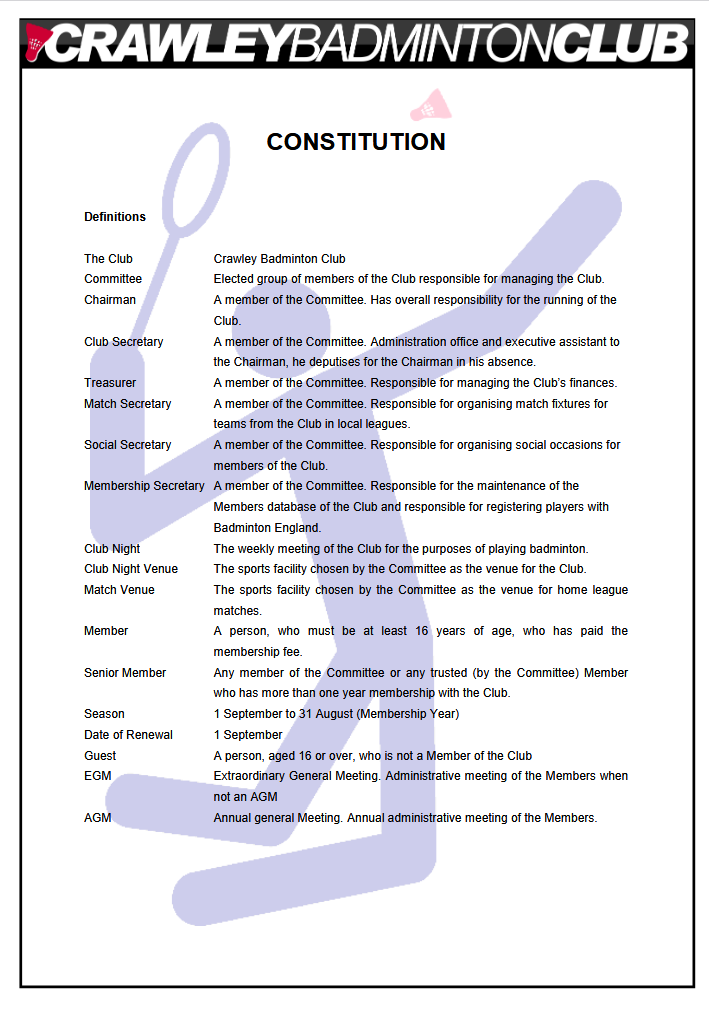 Preview of the club constitution document